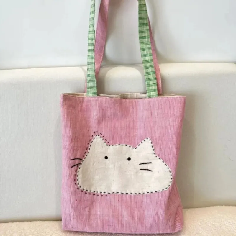 Uakiss Korean All Match Simple Underarm Bags Kawaii Cute Cat Canvas Bag Women Casual Y2k Aesthetic Shoulder Handbags Streetwear