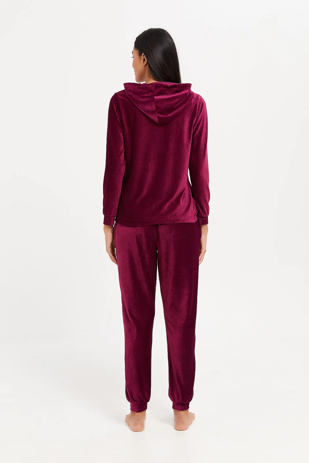 Women Burgundy Plain Velvet Pyjama Set (2 Piece)