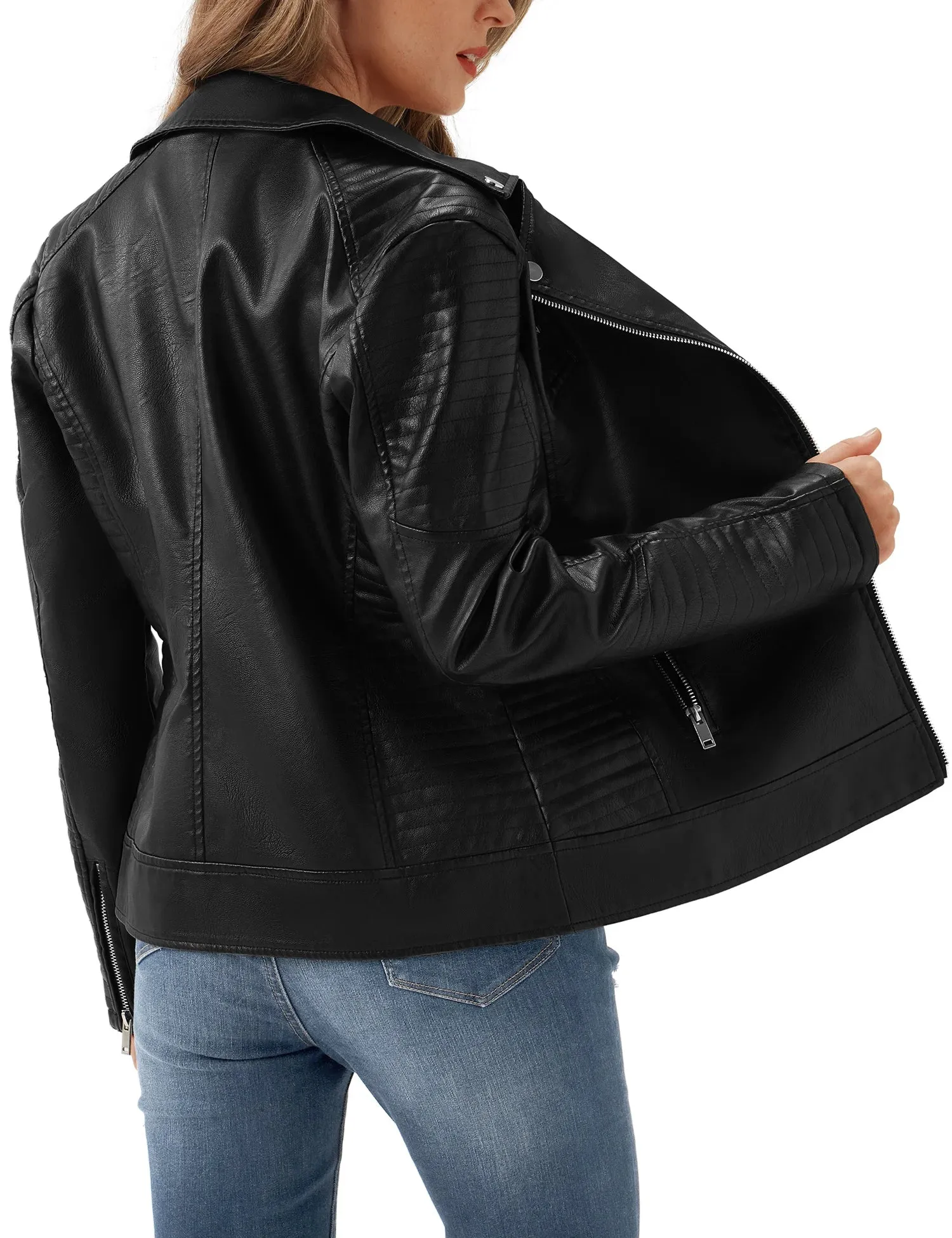 Women's Leather Jacket Black Motorcycle Moto Biker Short Coat