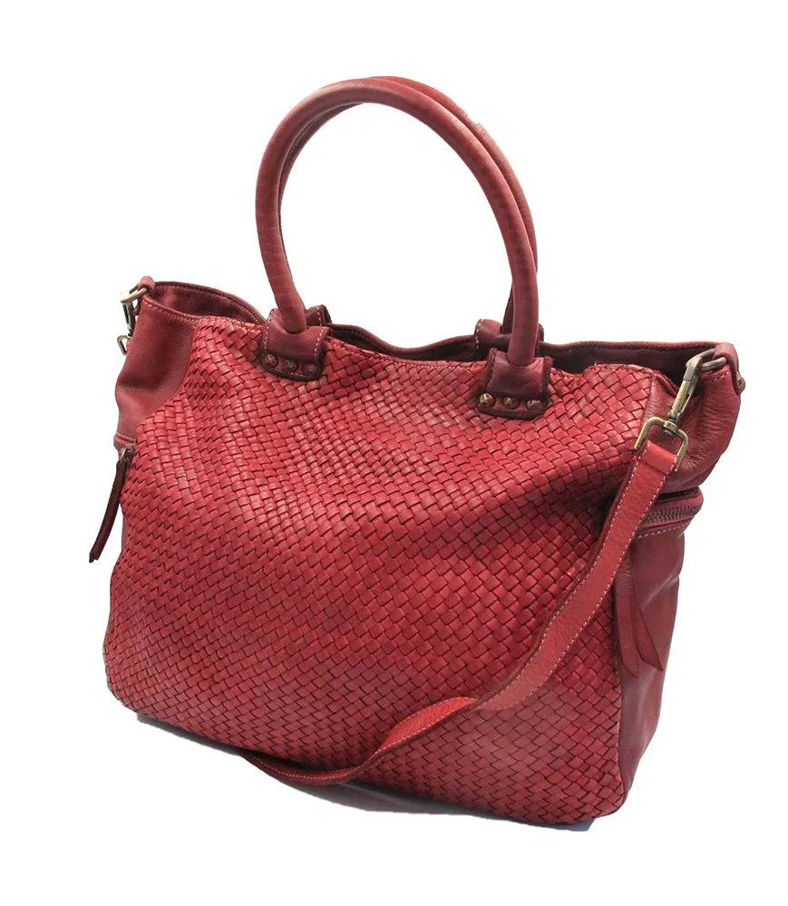Woven Vintage Style Red Burgundy Super Soft Washed Calf Leather Handbag Made In Italy