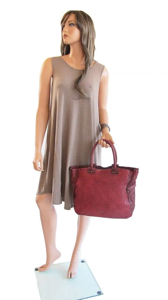 Woven Vintage Style Red Burgundy Super Soft Washed Calf Leather Handbag Made In Italy