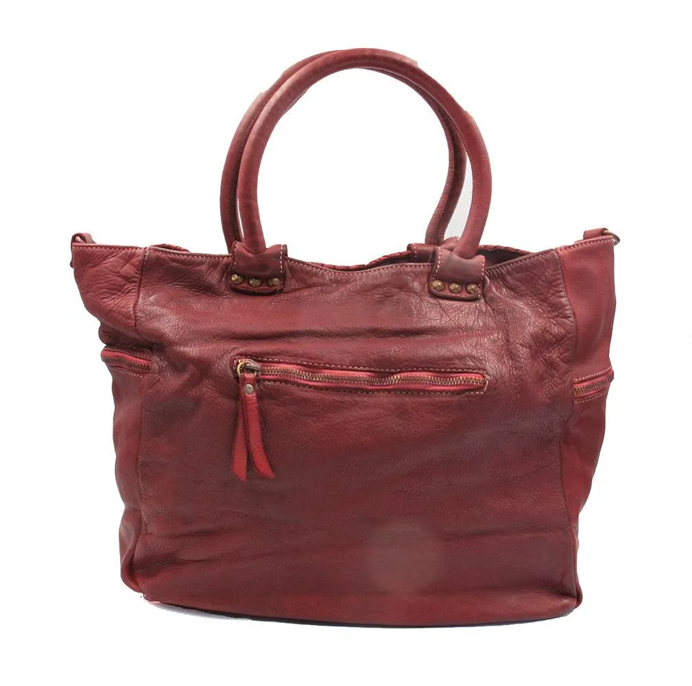 Woven Vintage Style Red Burgundy Super Soft Washed Calf Leather Handbag Made In Italy