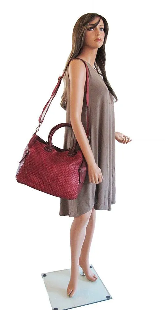 Woven Vintage Style Red Burgundy Super Soft Washed Calf Leather Handbag Made In Italy