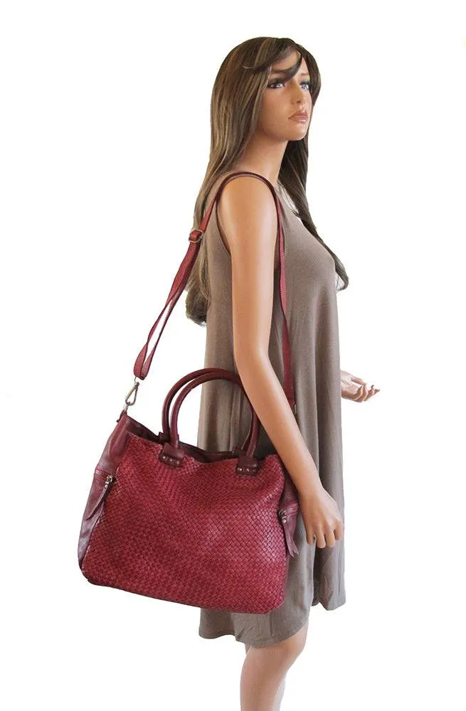 Woven Vintage Style Red Burgundy Super Soft Washed Calf Leather Handbag Made In Italy