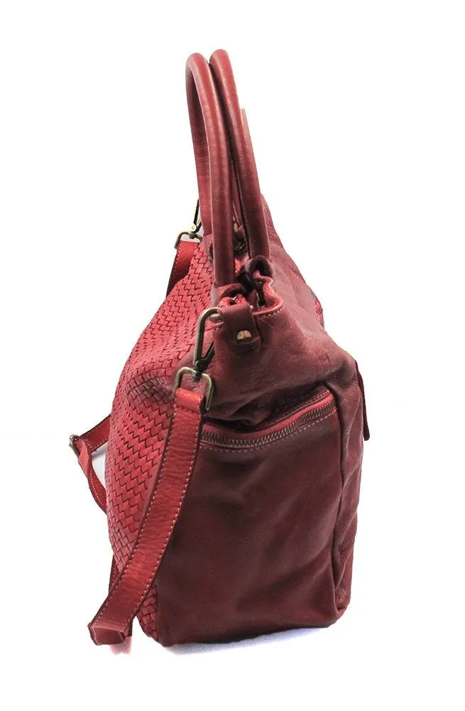 Woven Vintage Style Red Burgundy Super Soft Washed Calf Leather Handbag Made In Italy